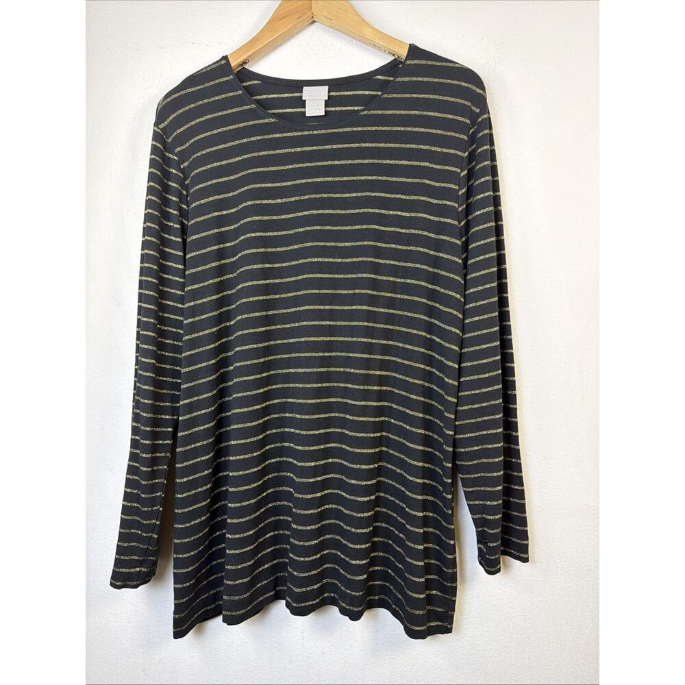 Chico’s 3 XL Touch of Cool Lurex Stripe Long Sleeve Top Black Gold Metallic